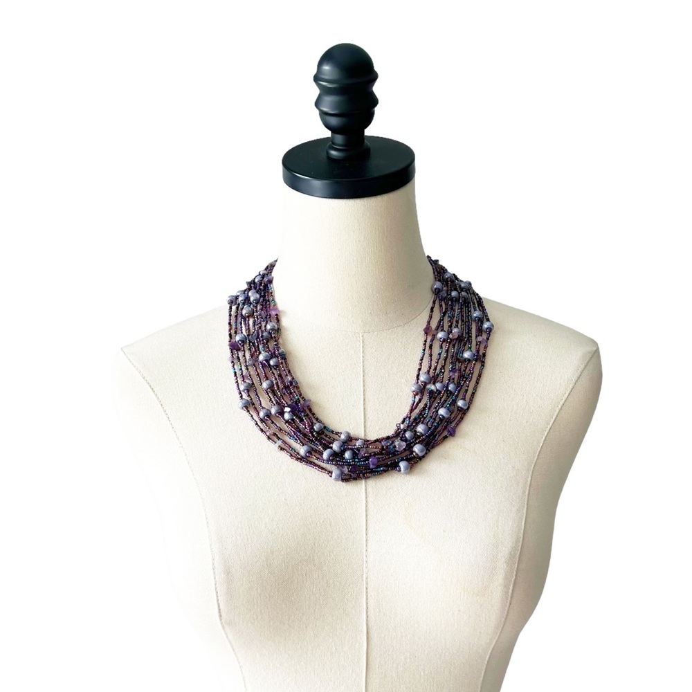 Handmade Amethyst Iridescent Beaded 12 Strand Necklace | OS